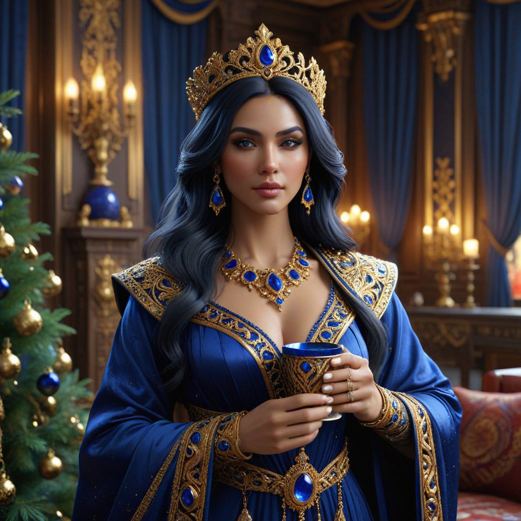 Regal Winter Goddess Sips Coffee Amidst Luxury Christmas Dec...