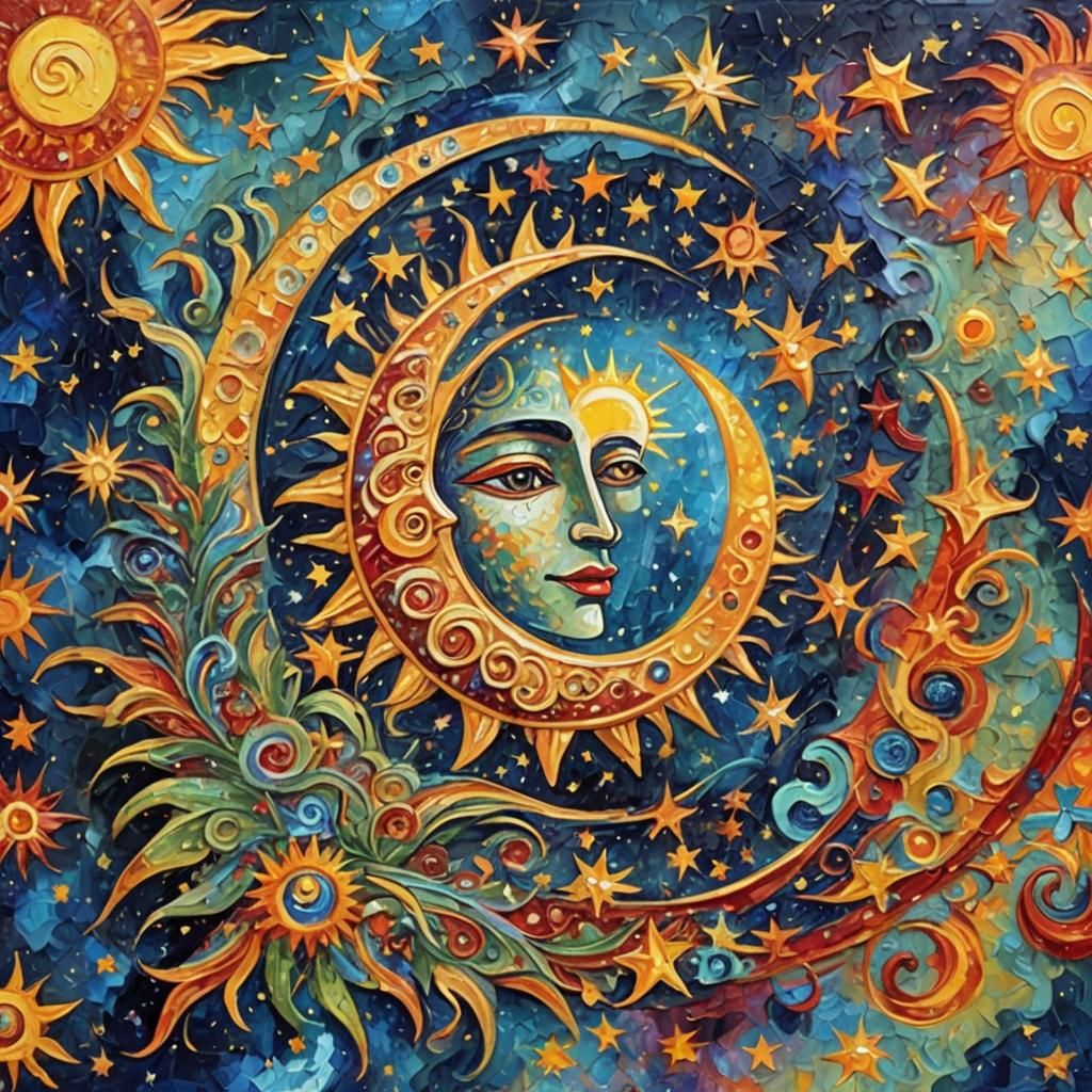 Celestial Sun, Moon, and Stars in Expressionist Style