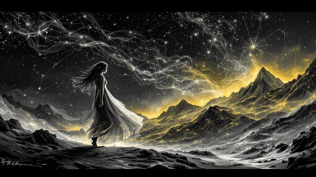 Ethereal Woman in Motion with Constellation Map