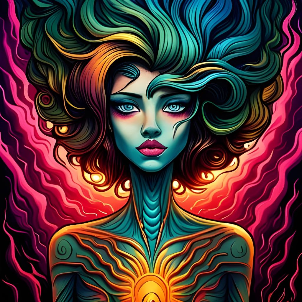 Psychedelic Portrait of Young Woman in Maximalist Style