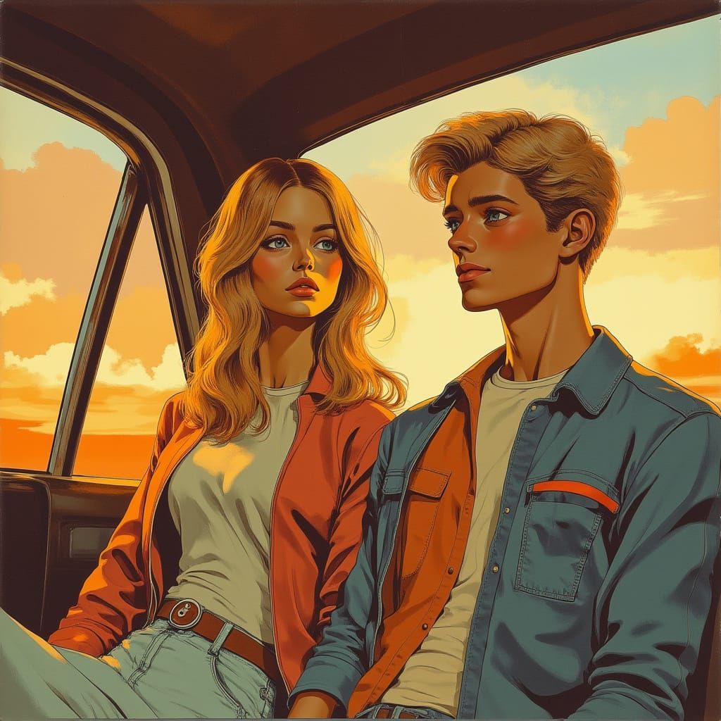 Car Ride Home at Sunrise, Realistic Comic Art