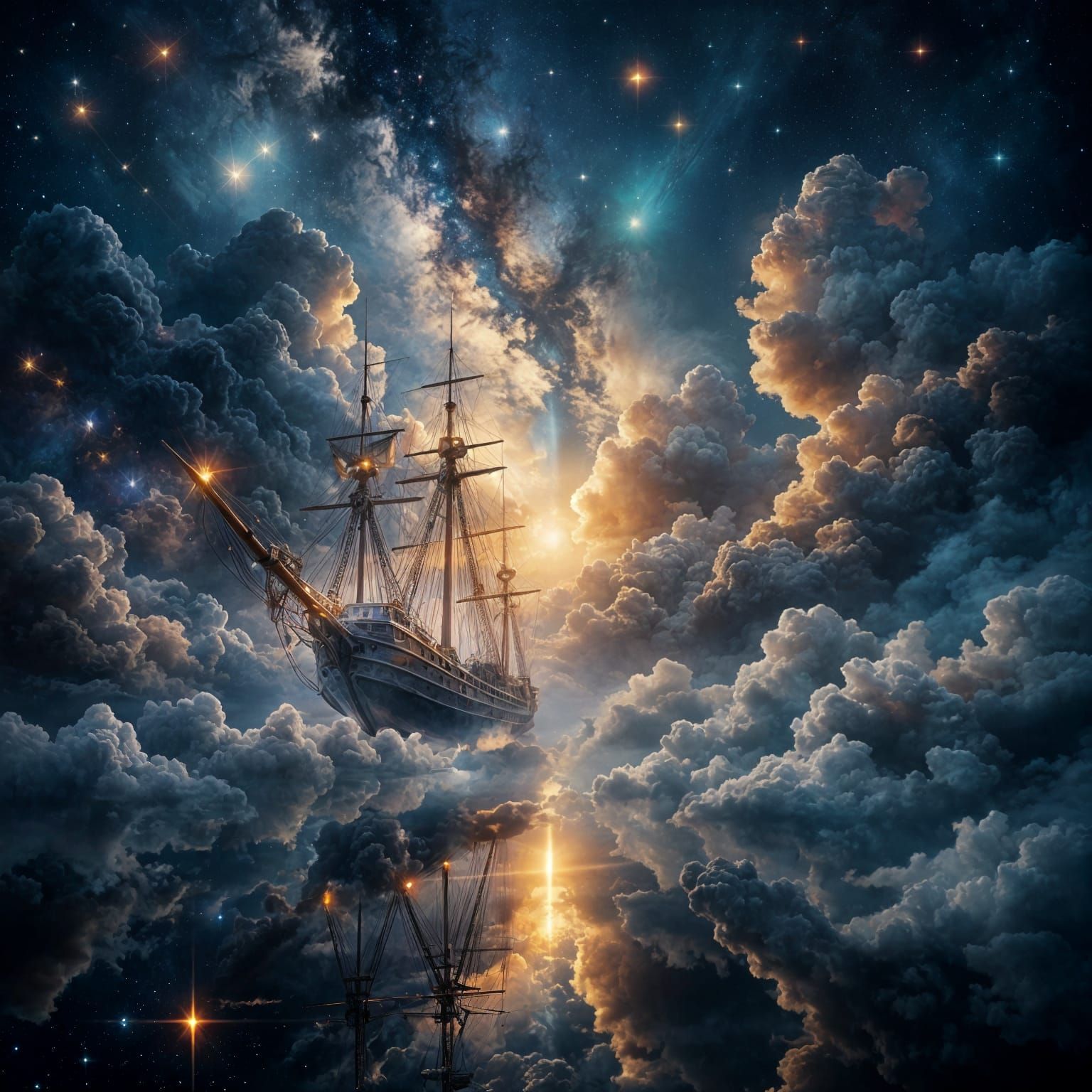 Ship of Dreams Sails Through Sky Towards Distant Light