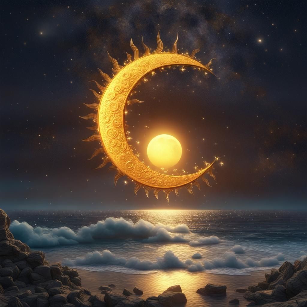 Surreal Moon and Sun Dance Above the Sea