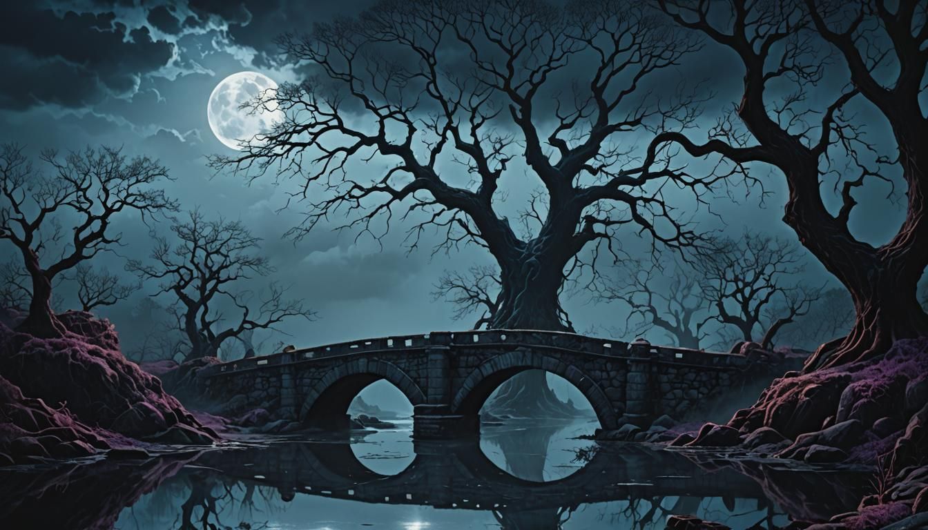 Ominous Stone Bridge at Night in Dark Fantasy Style