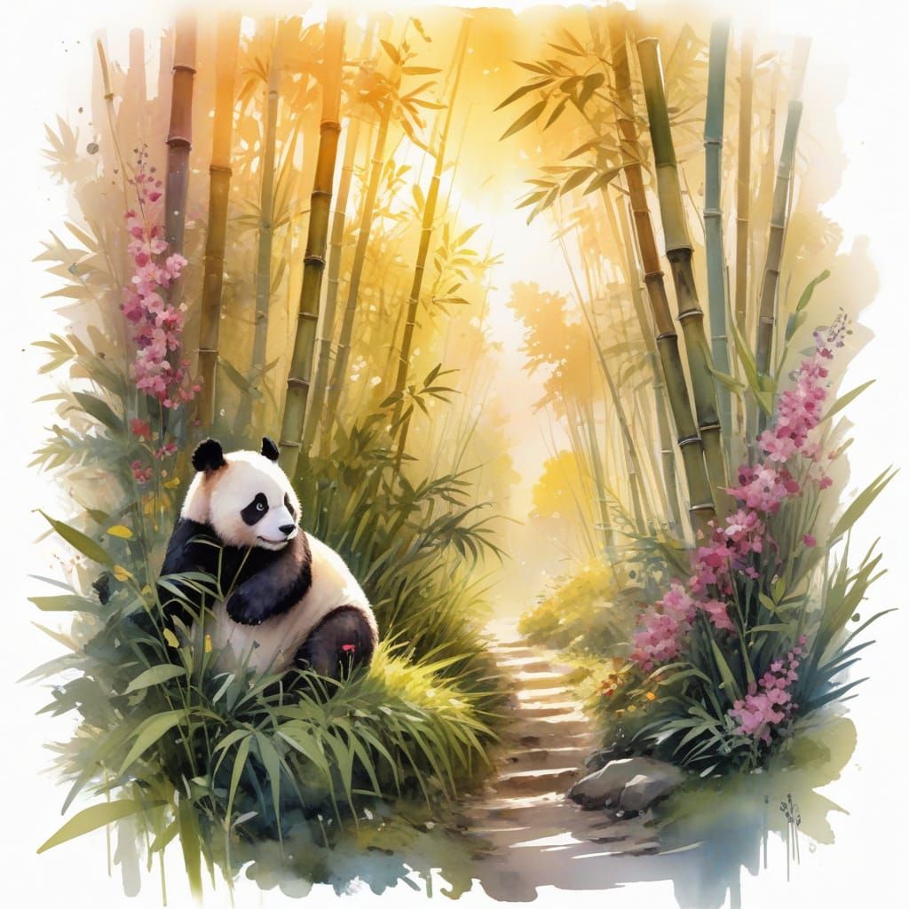 Chubby Panda Cub Waddling Down Bamboo Path as Watercolor