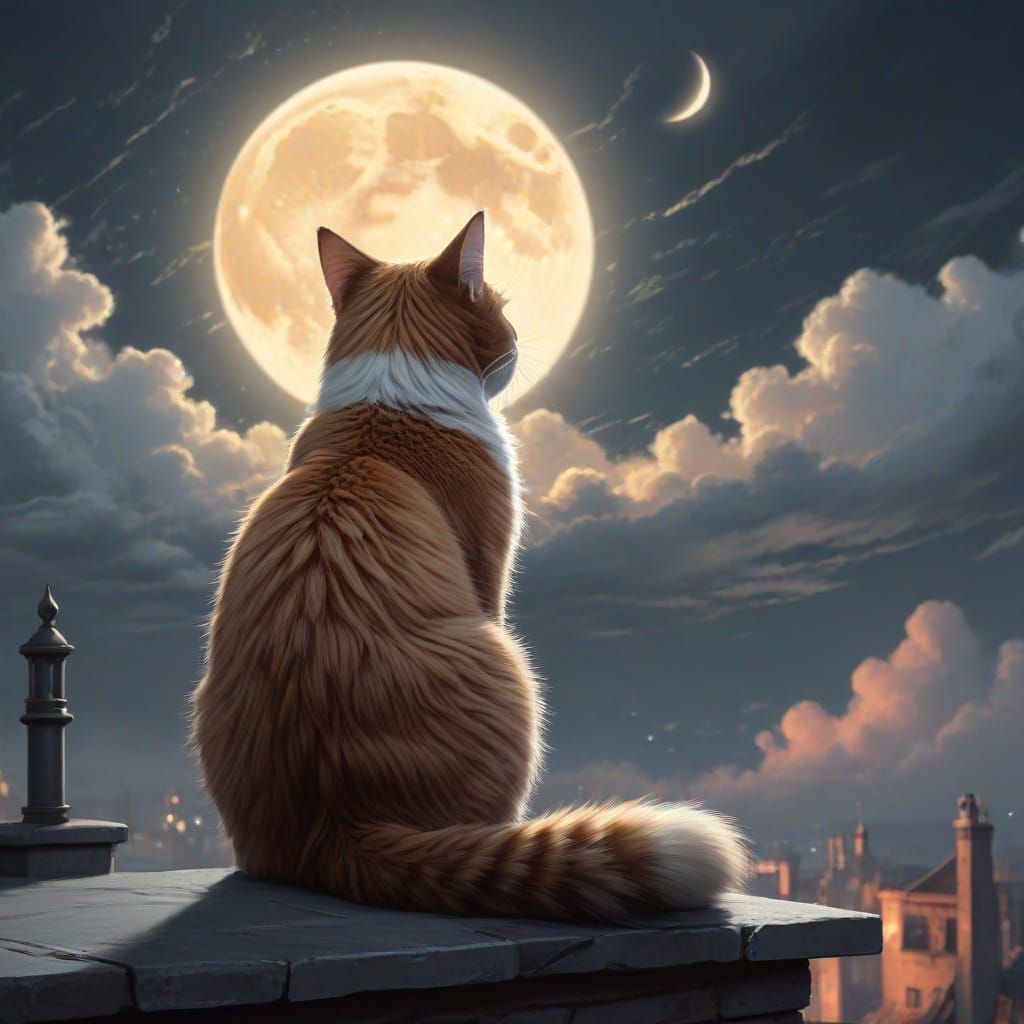 Cat Gazing at Moon on Rooftop, Digital Painting