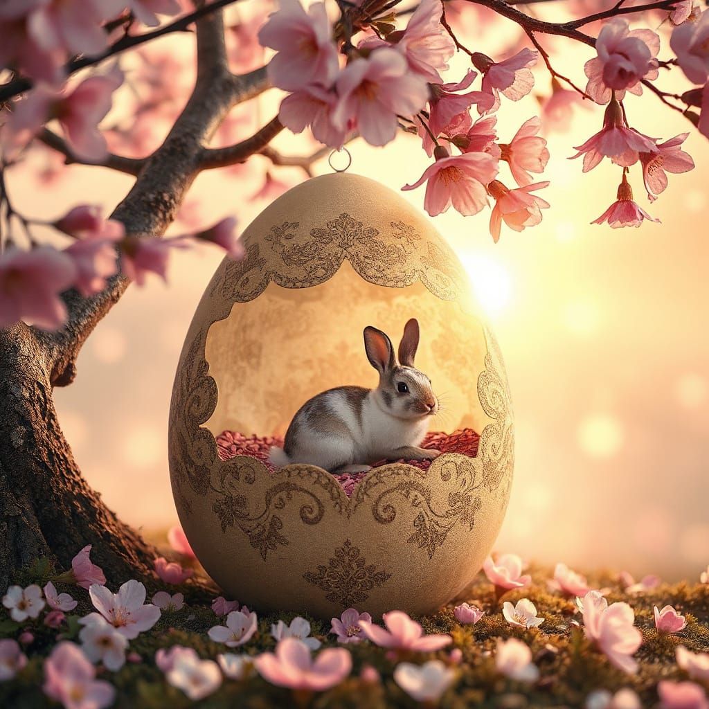 Vintage Easter Egg Amidst Blooming Sakura in Impressionist S...