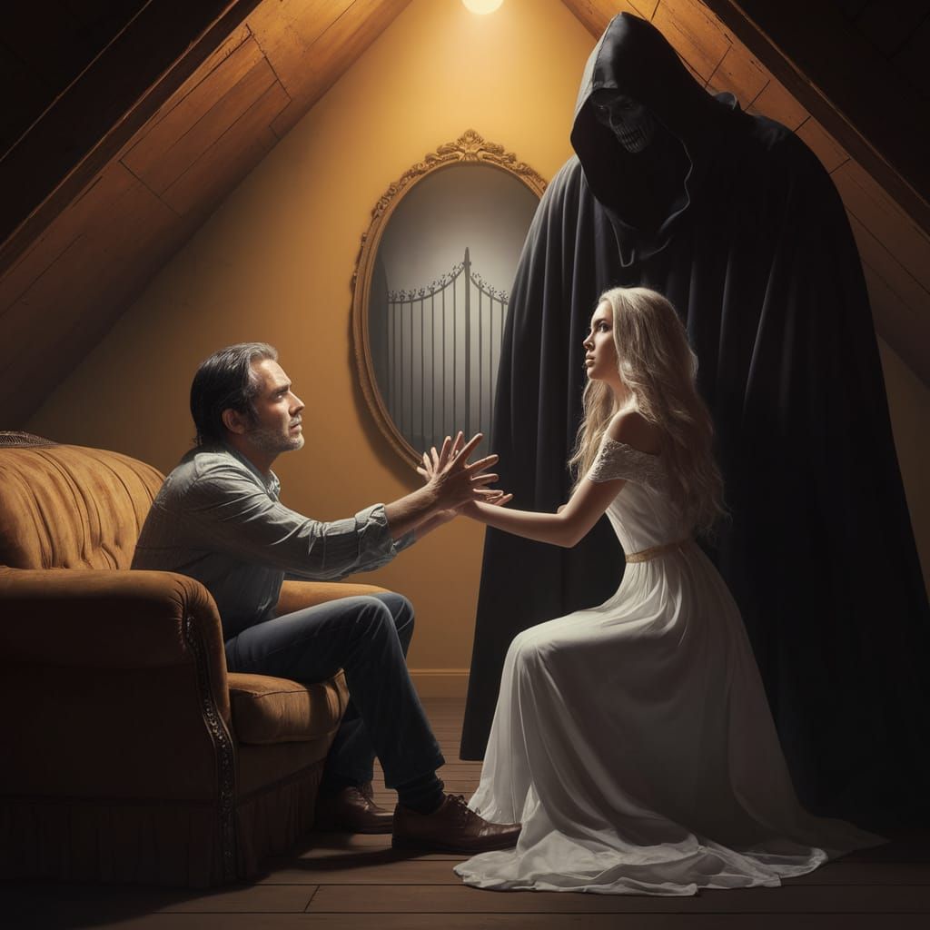 Mysterious Attic Scene with Desperate Man and Captive Woman