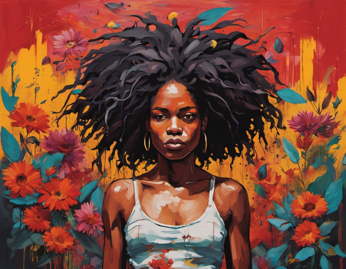 Powerful Woman in Floral Field: A Basquiat-Inspired Painting