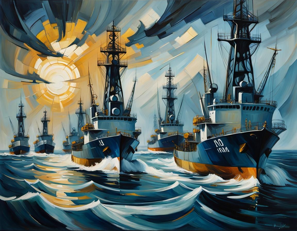 Navy Boats Capture Gas Rig in Art Nouveau Style