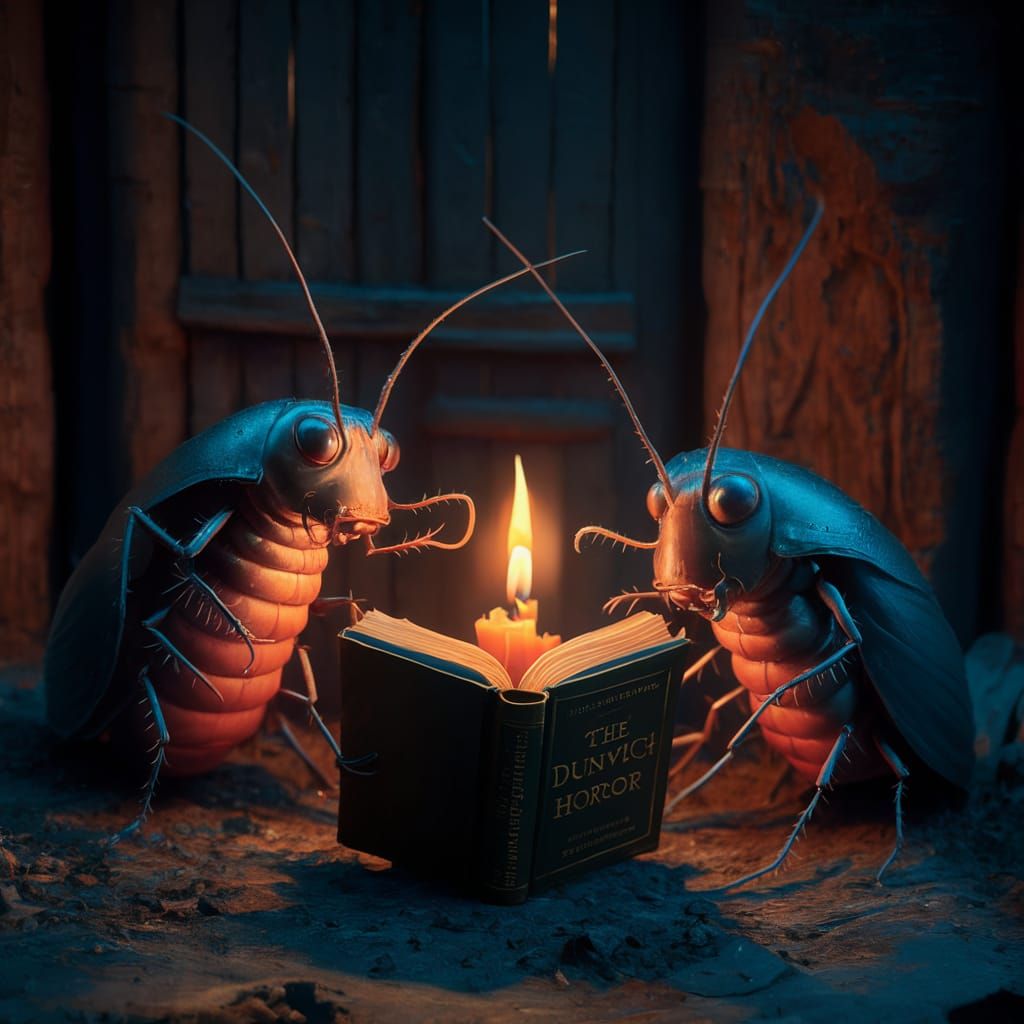 Cockroaches Reading 'Dunwich Horror' by Candlelight