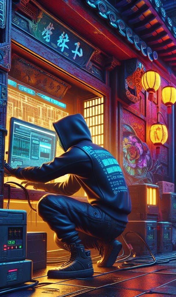 Cyberpunk Hacker Seen Through Surveillance Camera