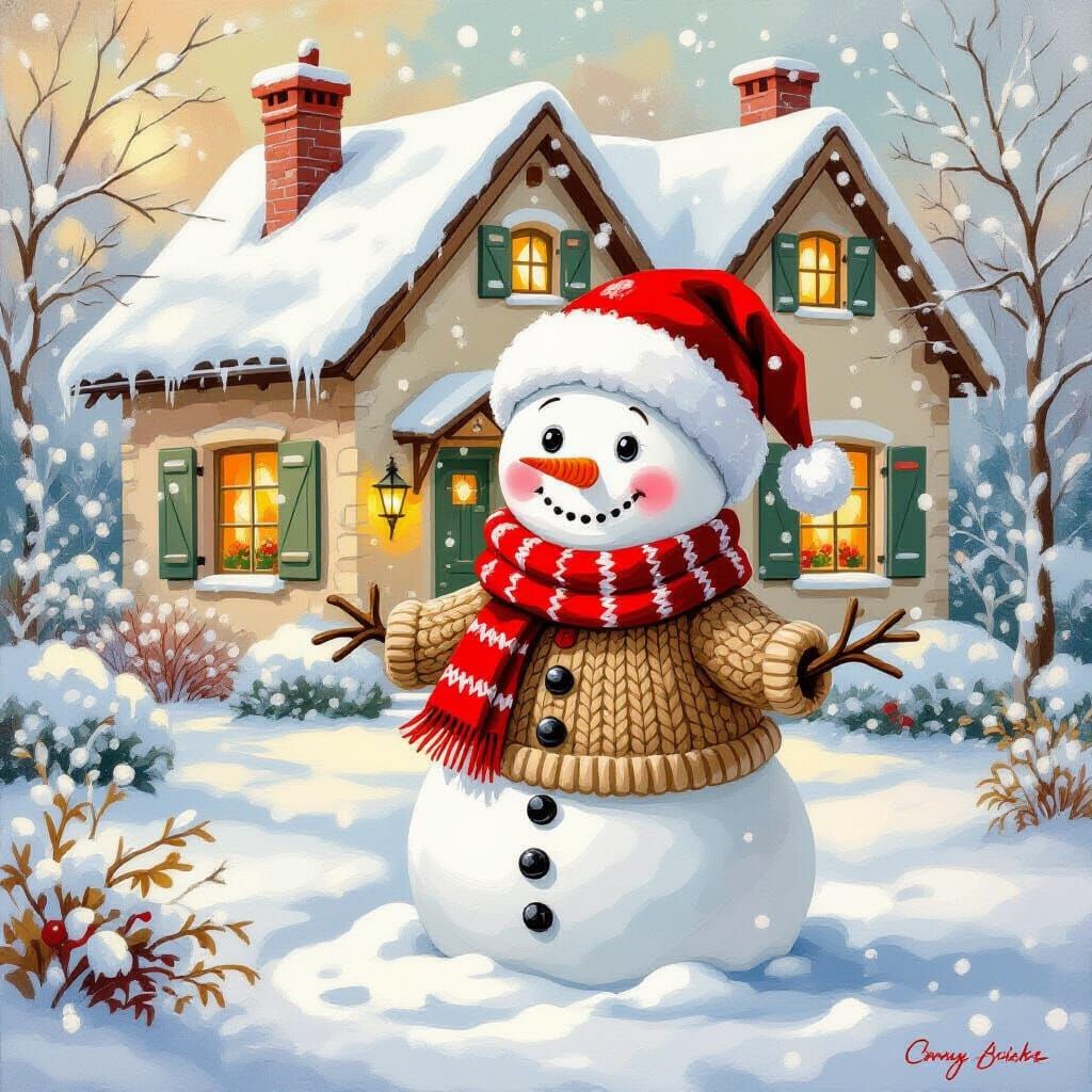 Joyful Snowman in Cozy Sweater Before Provencal Cottage