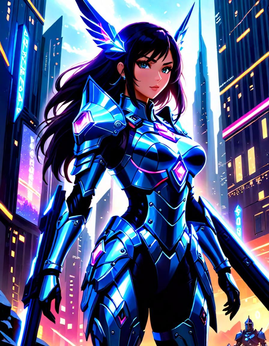 Heroic Girl Warrior in Futuristic Cityscape, Inspired by Stu...