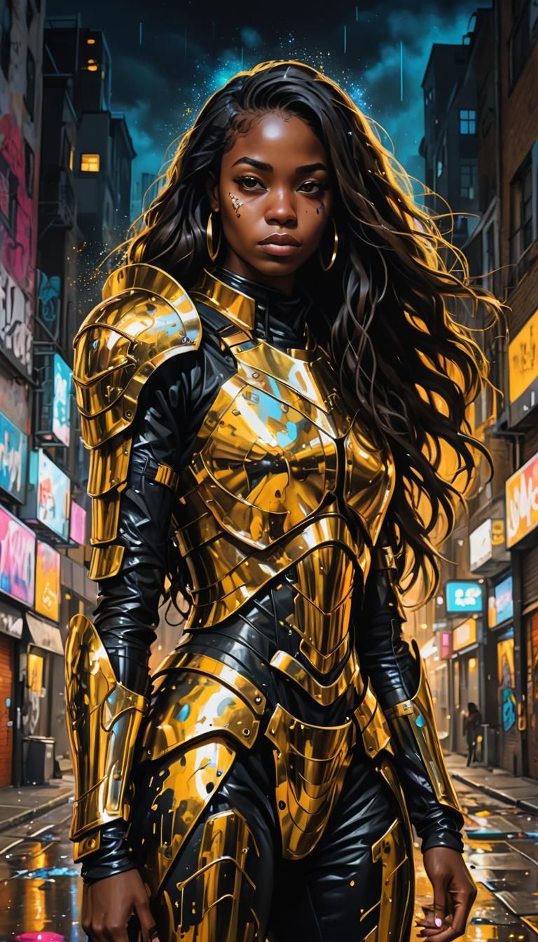 Black Woman in Golden Armor, Graffiti Art Style