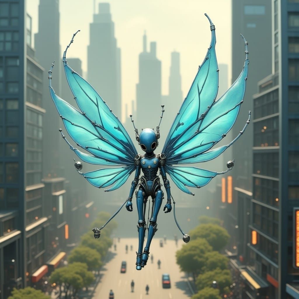 Whimsical Robot Fairy in Futuristic Cityscape
