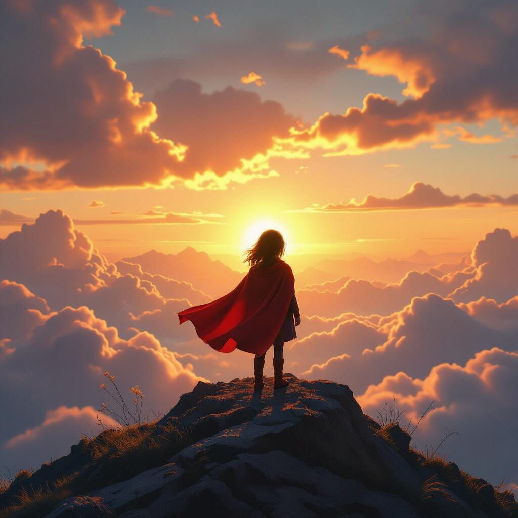 Brave Girl on Mountain at Sunrise in Fantasy Style