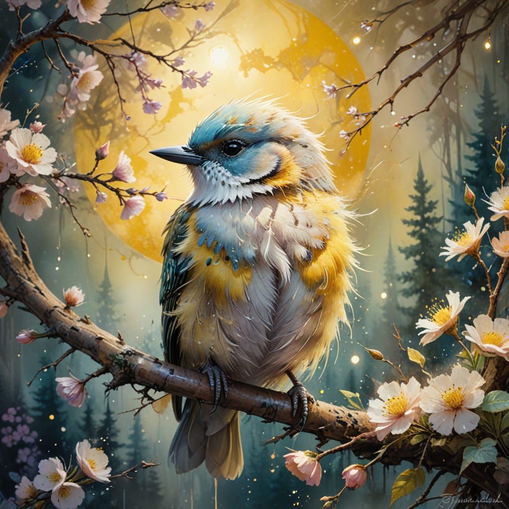Whimsical Bird in Fantasy Forest: Watercolor Art
