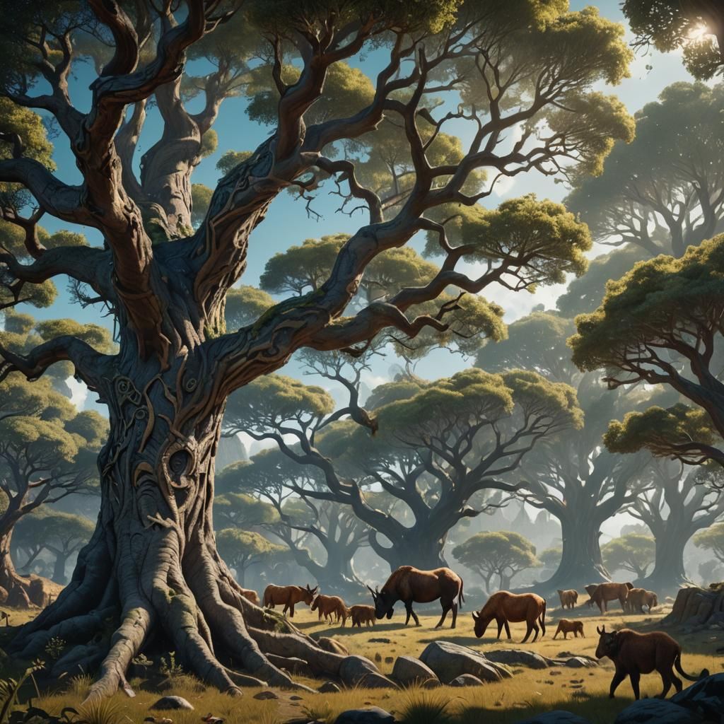 Mystical Tree with Grazing Animals in Fantasy Landscape