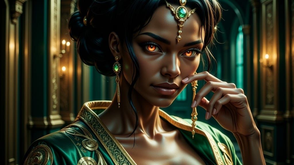 Regal Woman with Emeralds: Hyperrealistic Fantasy Portrait