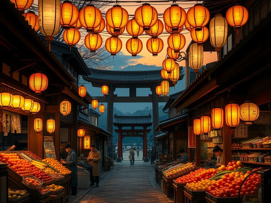 Traditional Japanese Market Street Scene at Dusk