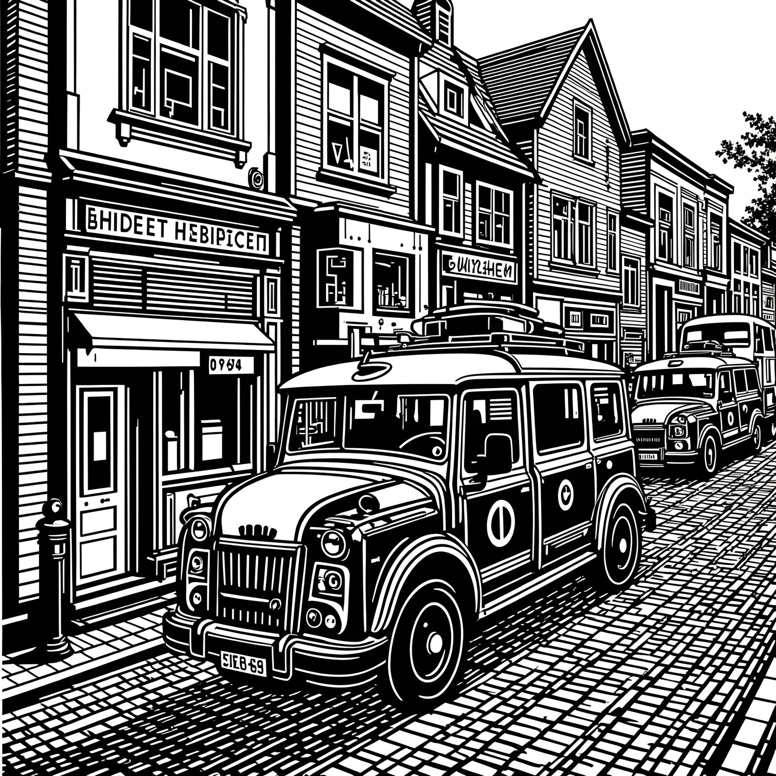 Italian Town in Linoleum Print Style