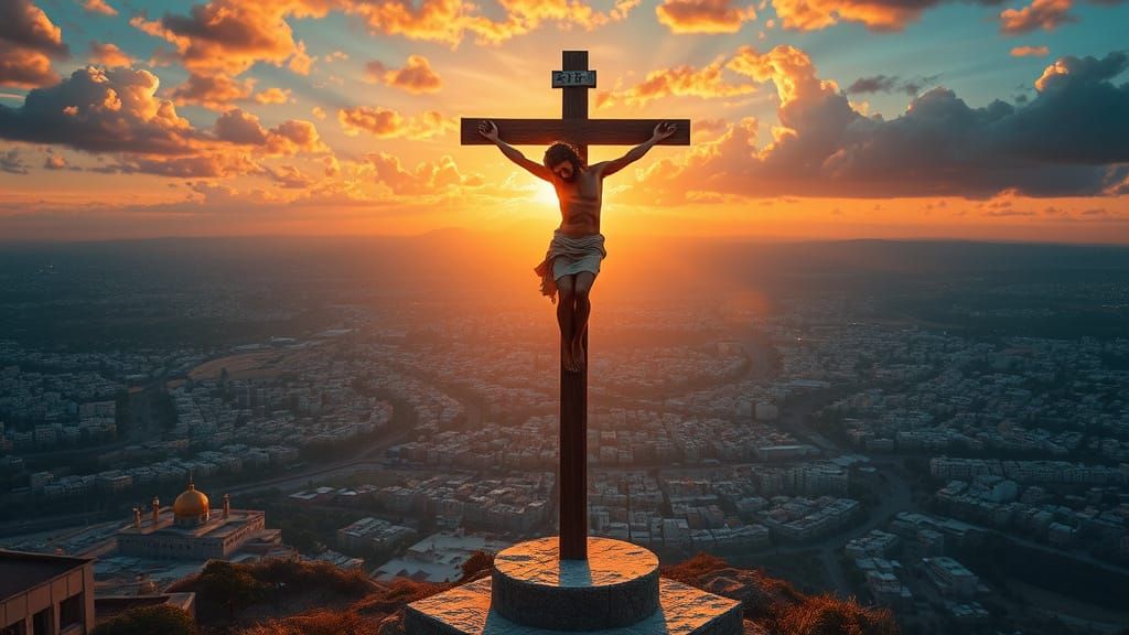 Epic Crucifixion Scene Against Jerusalem Skyline in Cyberpun...