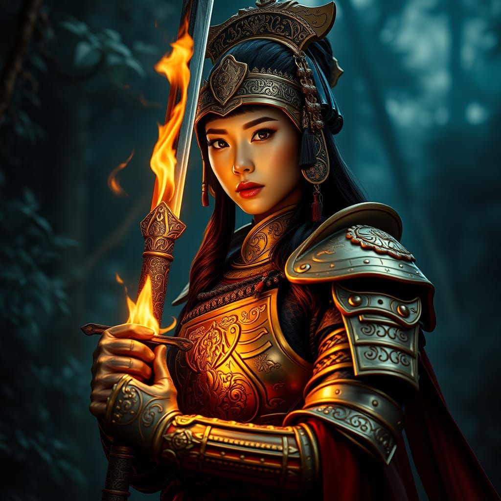 Golden Warrior Woman in Dark Forest with Flaming Sword