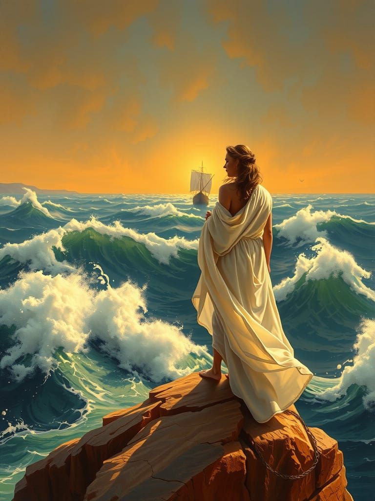 Regal Woman Seeks Returning Hero on Turbulent Sea