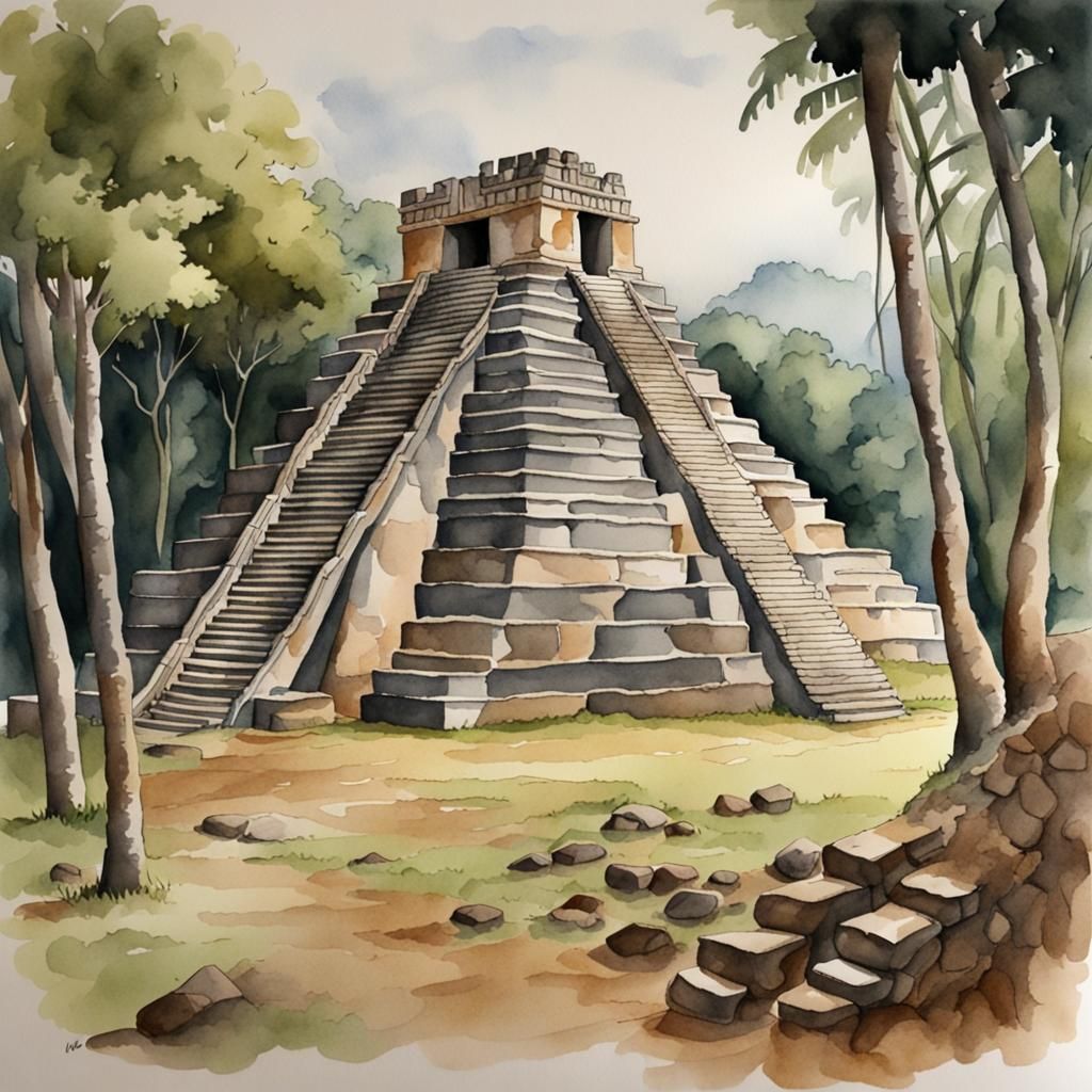 Watercolor Mayan Ruins in Honduras
