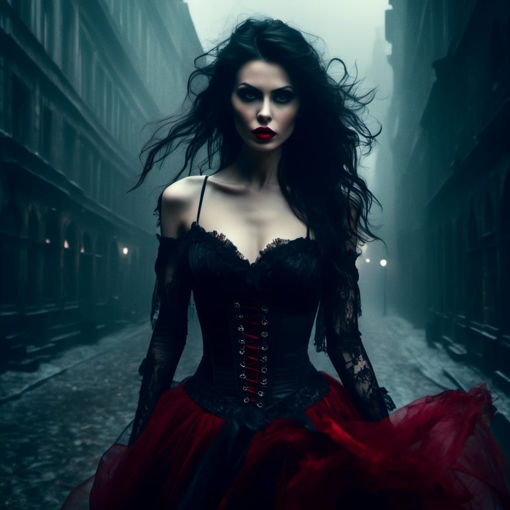 Ethereal Gothic Portrait in Noir Cityscape