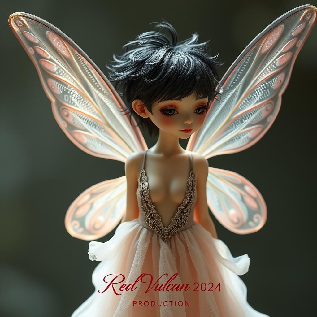 A petite fairy with short, spiky black hair styled in a pixi...