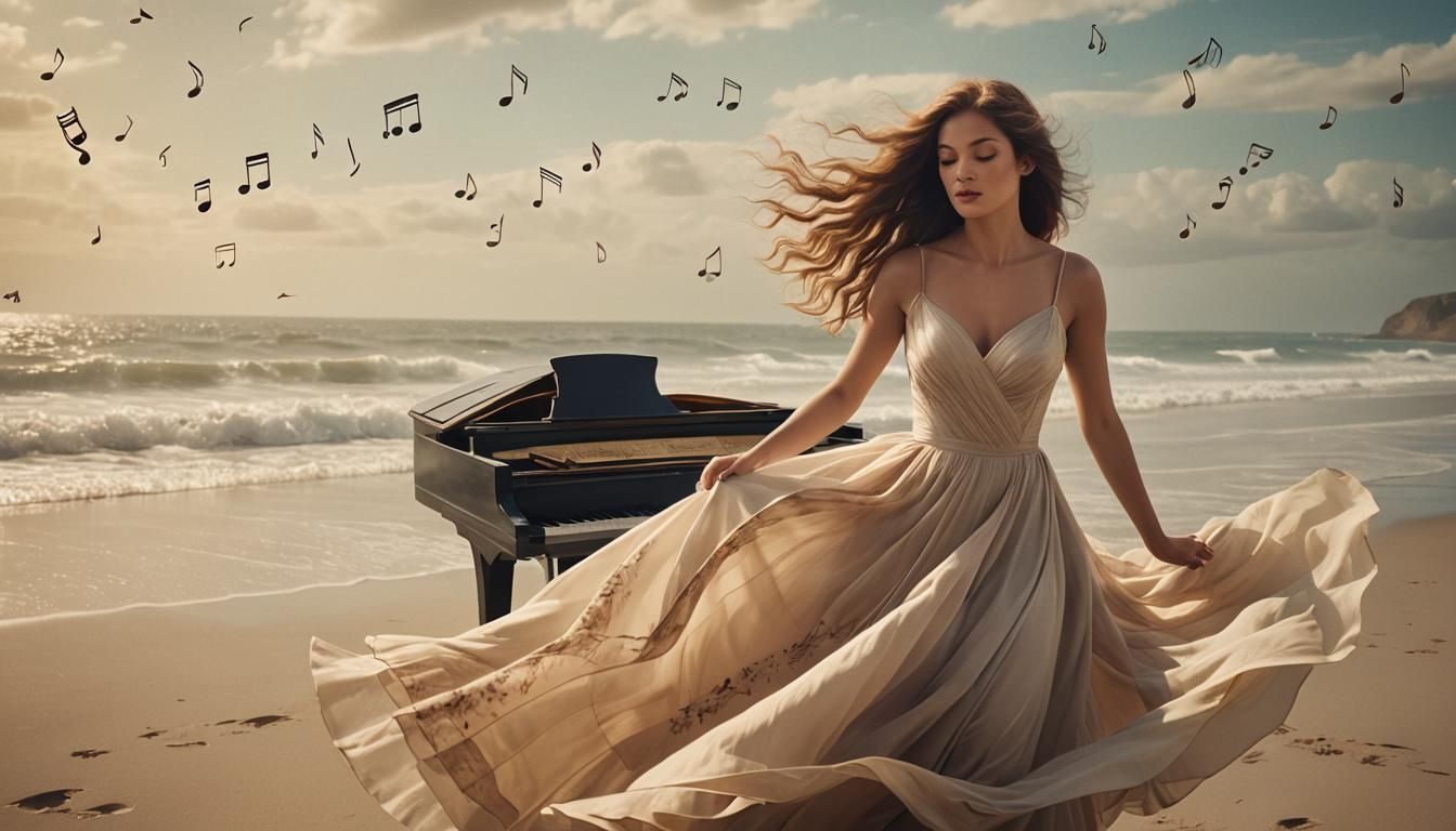 Romantic Piano Player on Beach in Digital Painting
