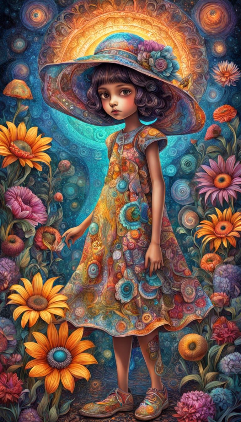 Whimsical Girl with Colorful Bouquet in Luminous Light