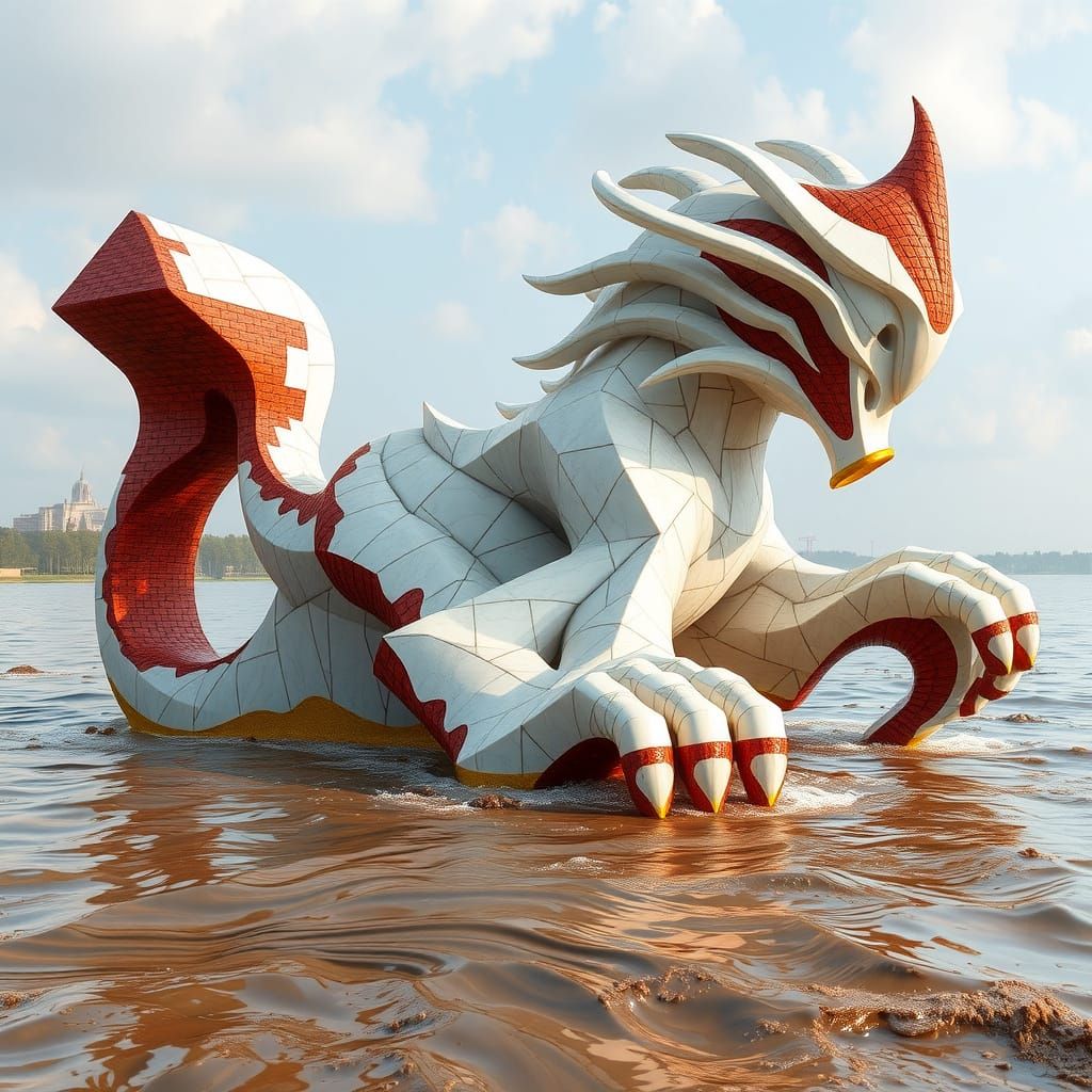 Dreamlike Marble Guardian Rises from the River