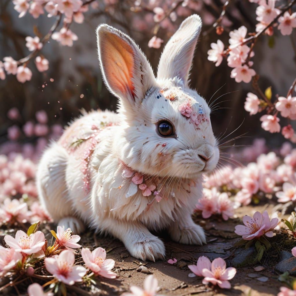 Baby Rabbit in Cherry Blossoms Watercolor Art