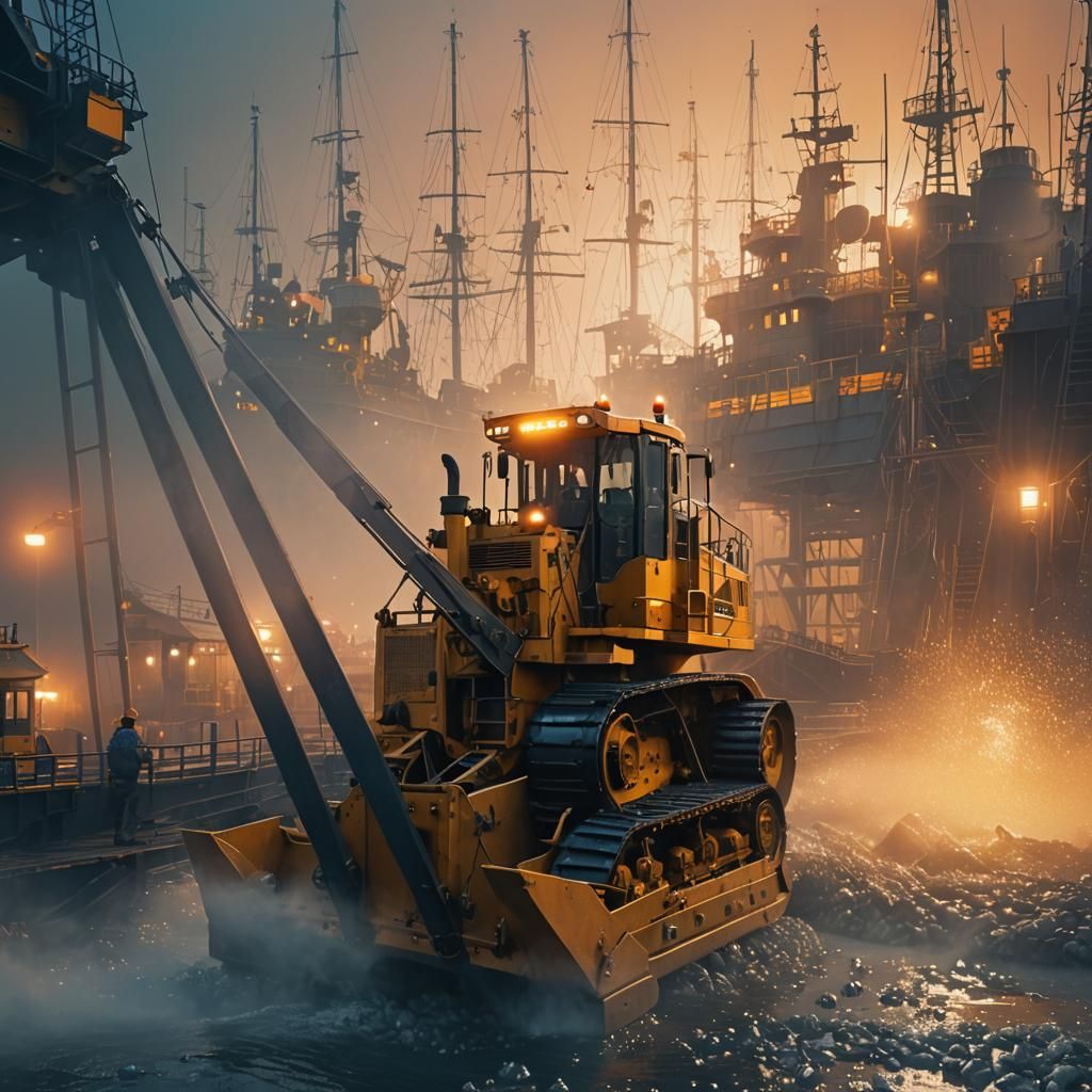 Bulldozer on Ferry in Misty Harbor: Fantasy Concept