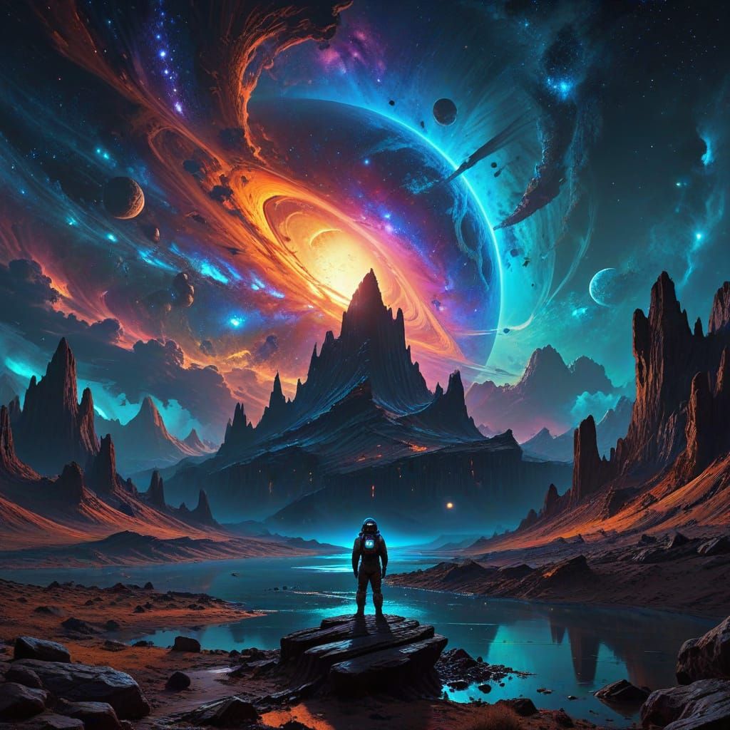 Astronaut Contemplates Colossal Nebula on Alien Planet