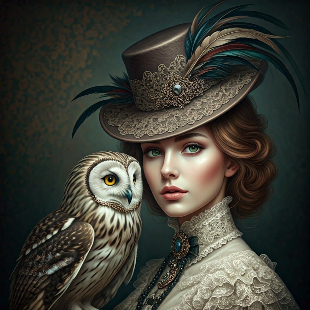 Dark, Dramatic Portrait of Woman with Owl and Exotic Hat