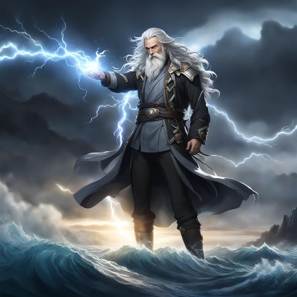 Old Male with long curly gray hair, rising from the sea, holding a white glowing lightning bolt in his hand