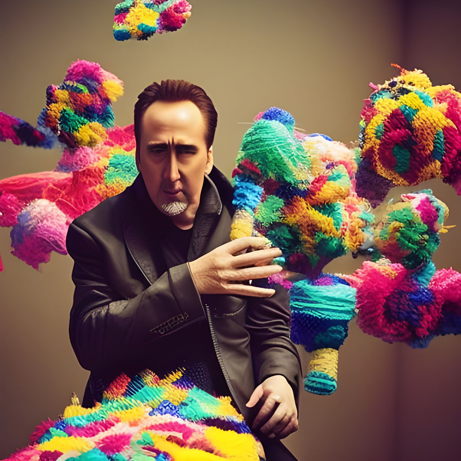 Yarn Nicholas Cage Portrait with Explosion Backdrop