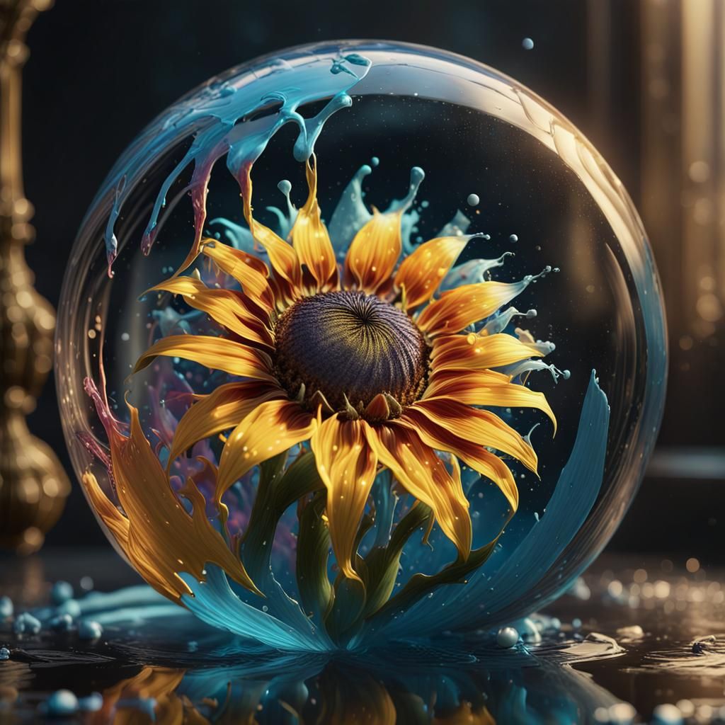 Sunflower in Glass Orb: Hyperrealistic Digital Art