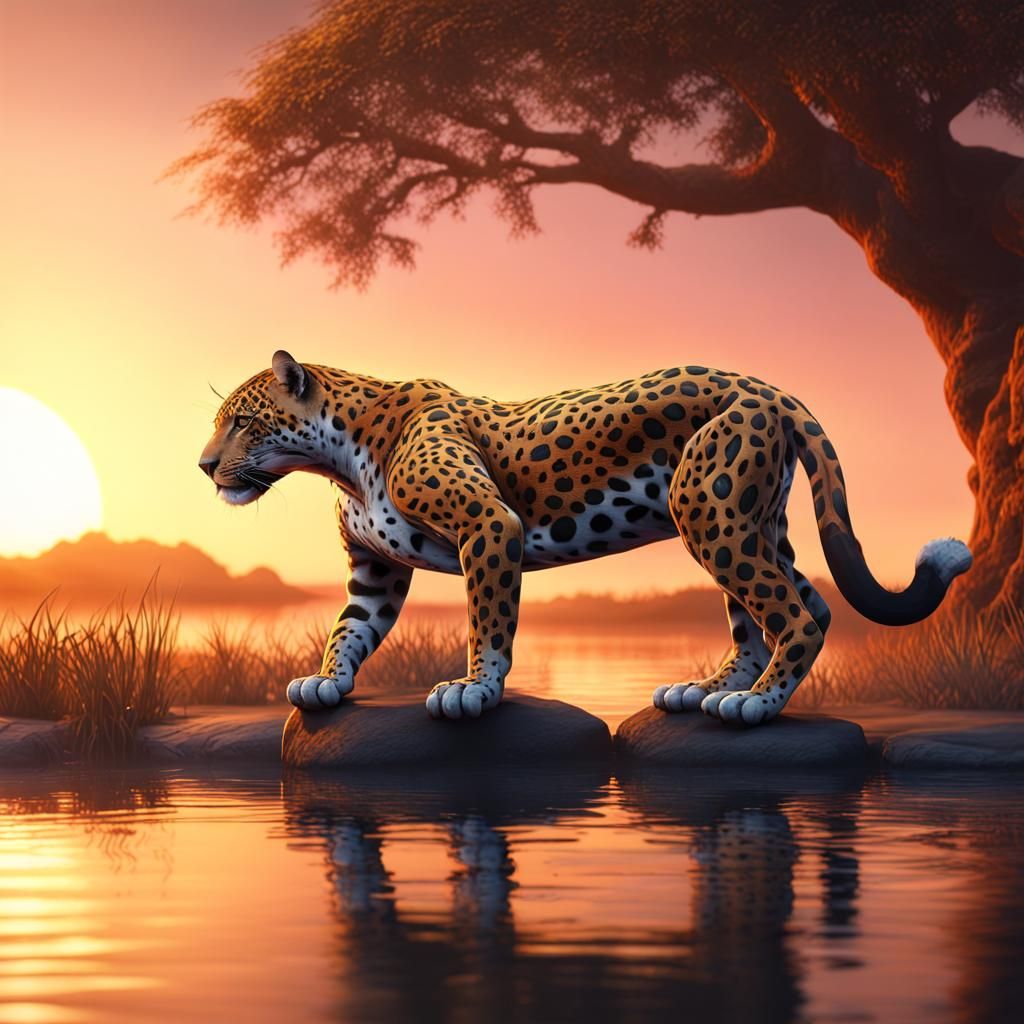 Jaguar Drinking at Sunset: Fantasy Matte Painting