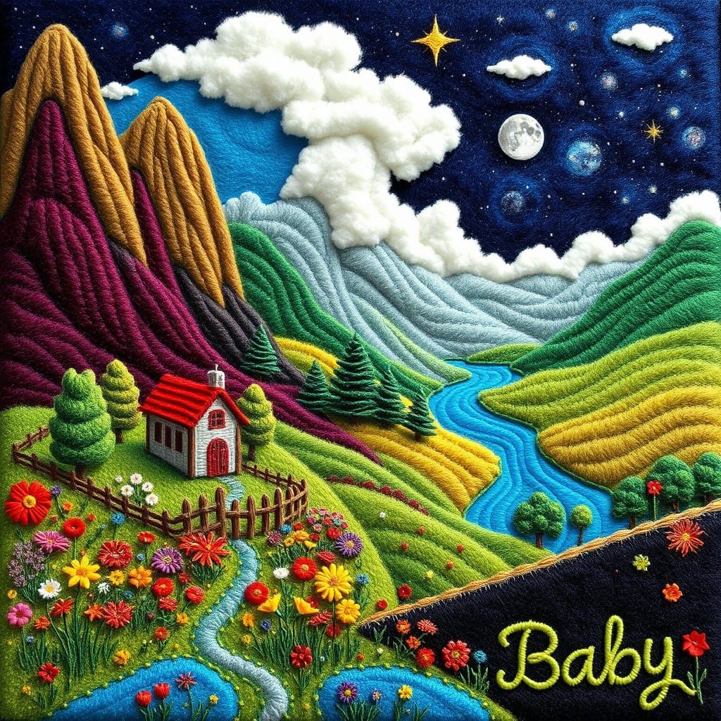 Surreal Folk Art Landscape with Embroidered 'Baby'