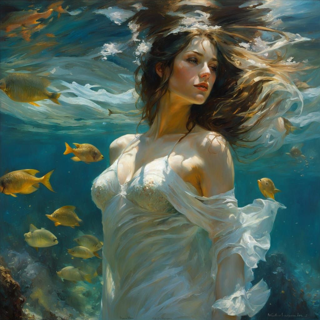 Surreal Selkie Emerges from an Underwater Cove in a Dreamlik...