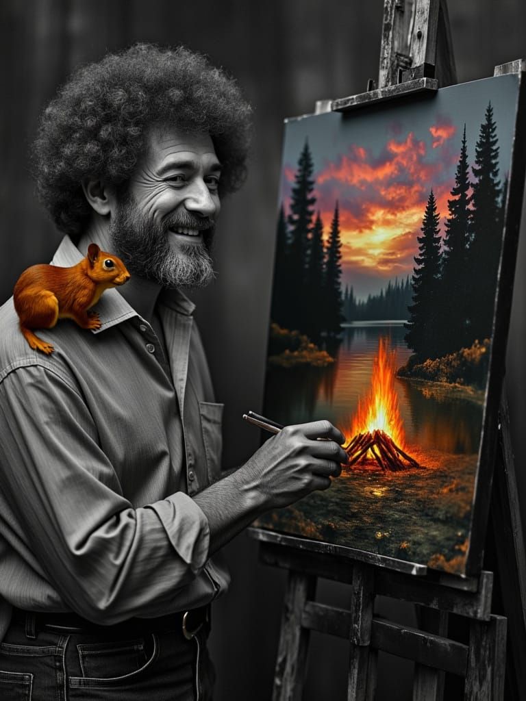 Bob Ross Painting a Fiery Campfire Landscape with Squirrel