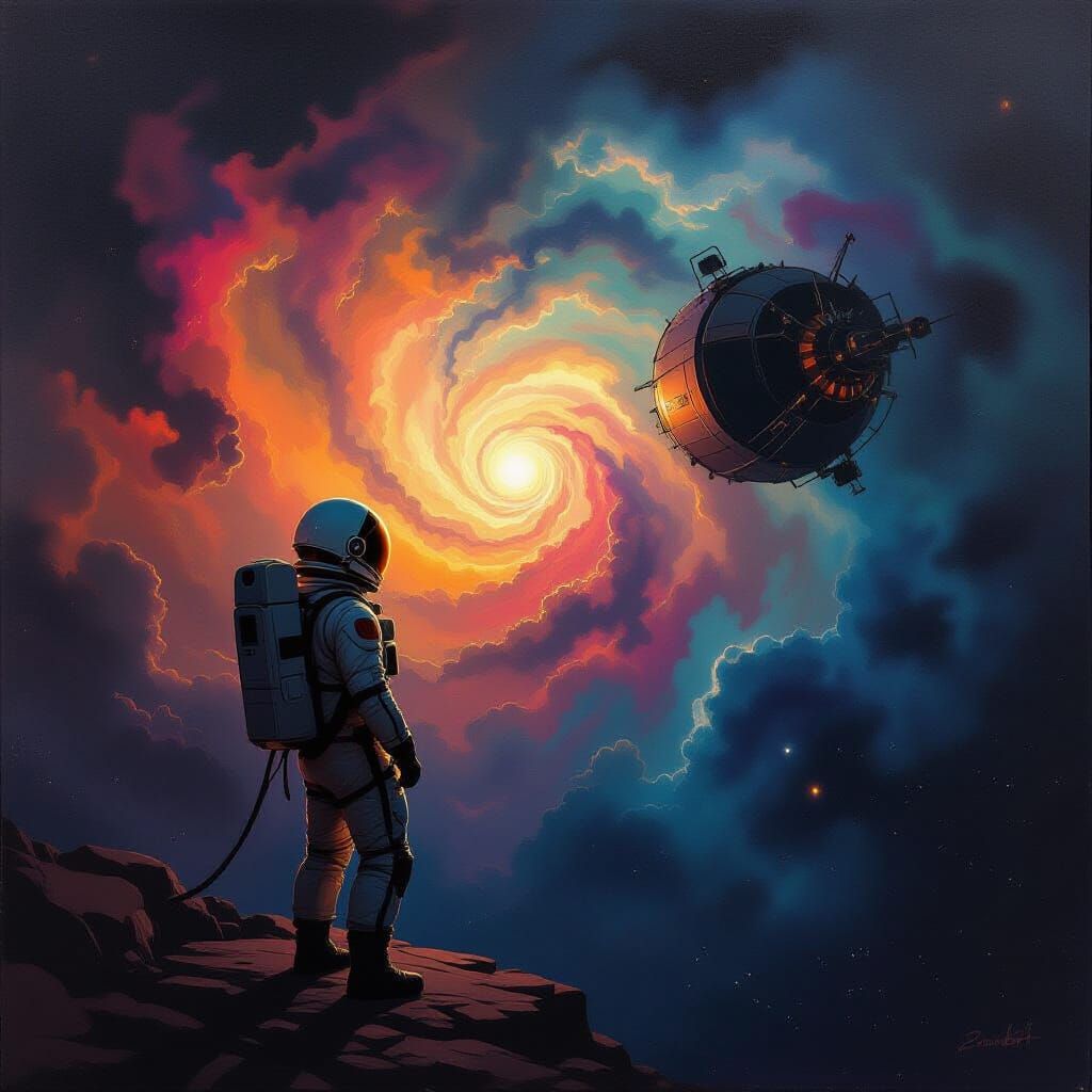 Astronaut Adrift in Nebula, Oil Painting Style
