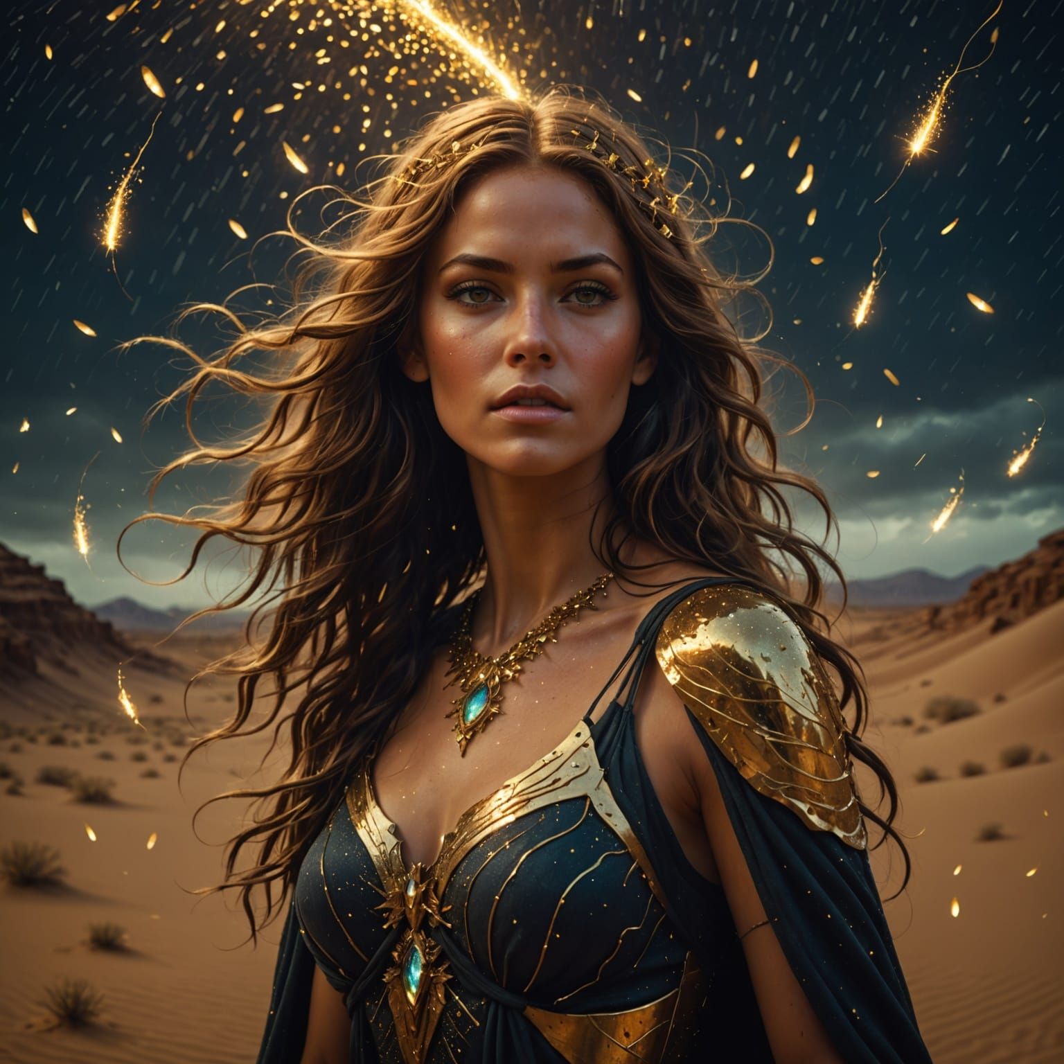 Sand Siren in Desert Storm, Surround by Golden Fireflies