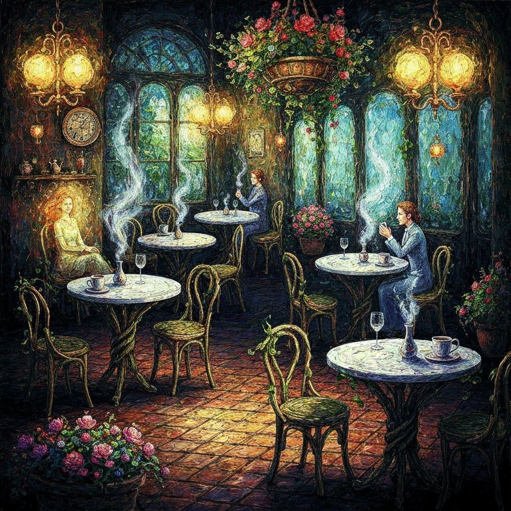 Surreal Enchanted Cafe With Floating Tables and Vine Chairs