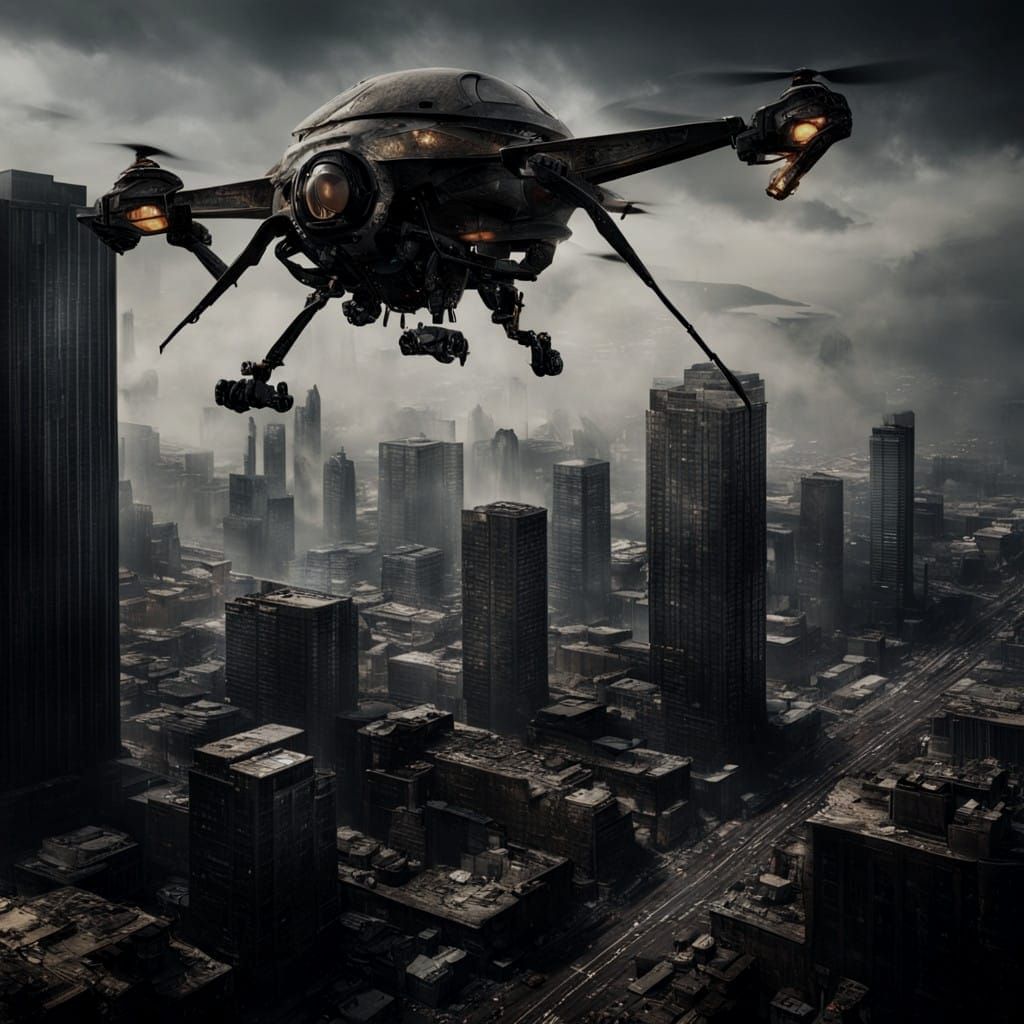 Dark Post-Apocalyptic Drone Patrols Mega City in Cinematic S...